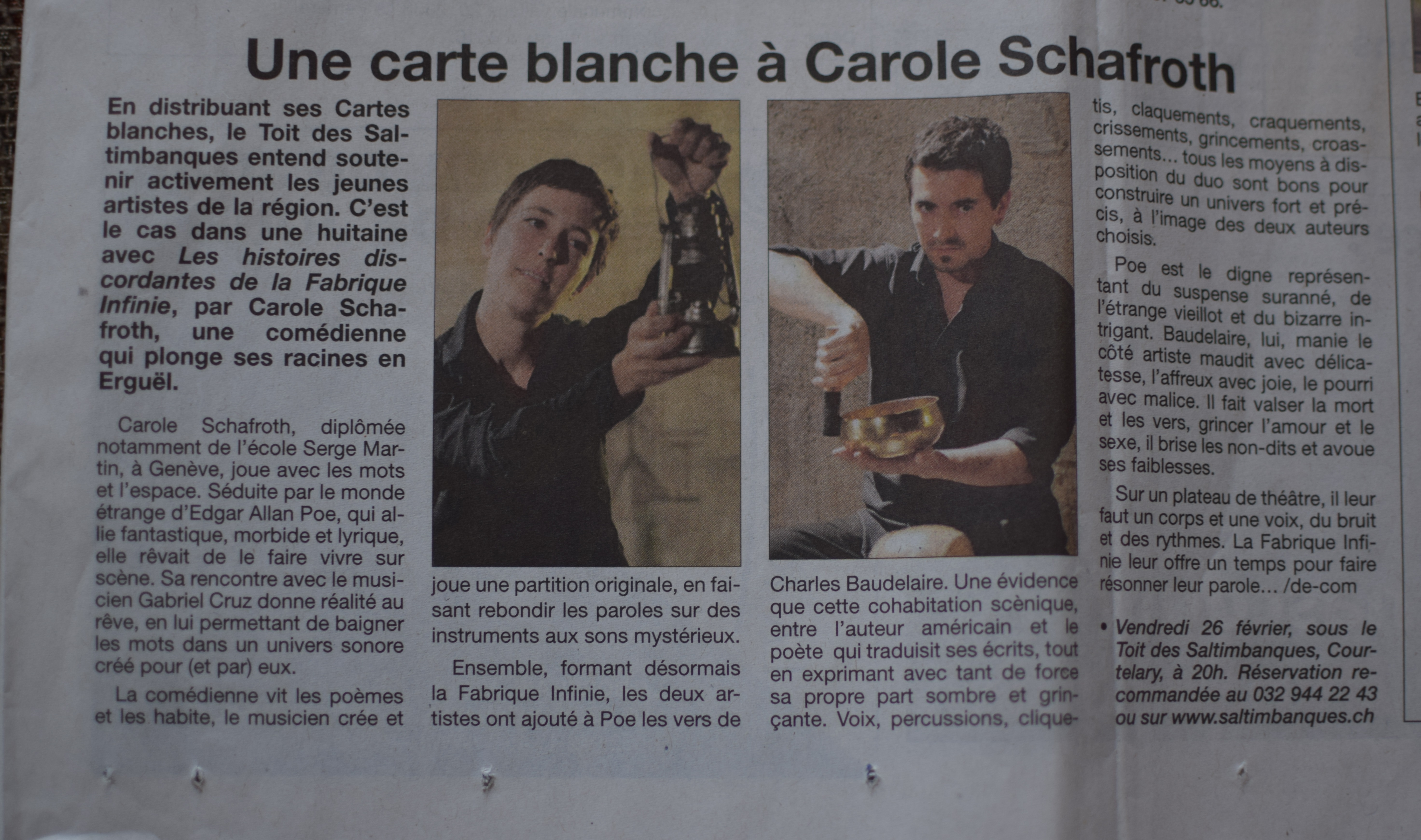 fabrique infinie - presse - les histoires discordantes - Carole Schafroth - Gabriel Cruz